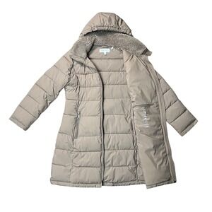 Calvin Klein Long Puffer Coat Hooded Faux Sherpa L Sorona Aura‎ Beige